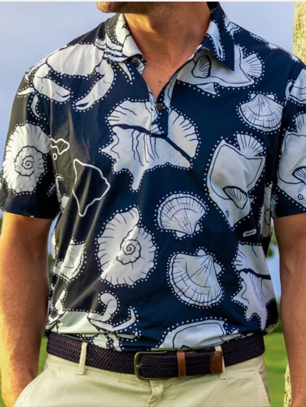NWT Kenny Flowers Mr Hawaii Golf Shirt Buttom Down Tropical Fish Navy Blue Small